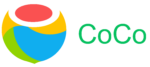 Coconut design logo, split in 4 colors. the splitting is along curved lines and the colors are red, yellow, blue, and green. next to the logo is the word CoCo written in the company green color.
