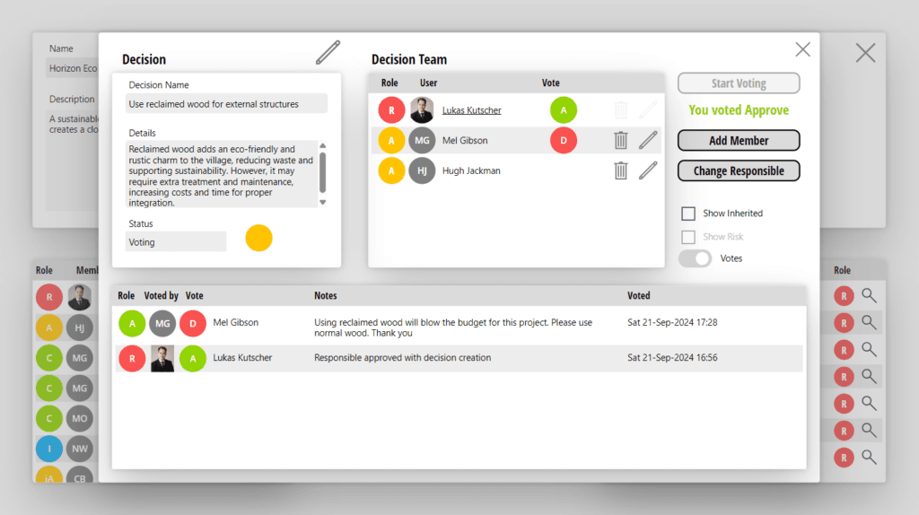 Screenshot of CoCo application showing a decision with decision members that can vote and decision description