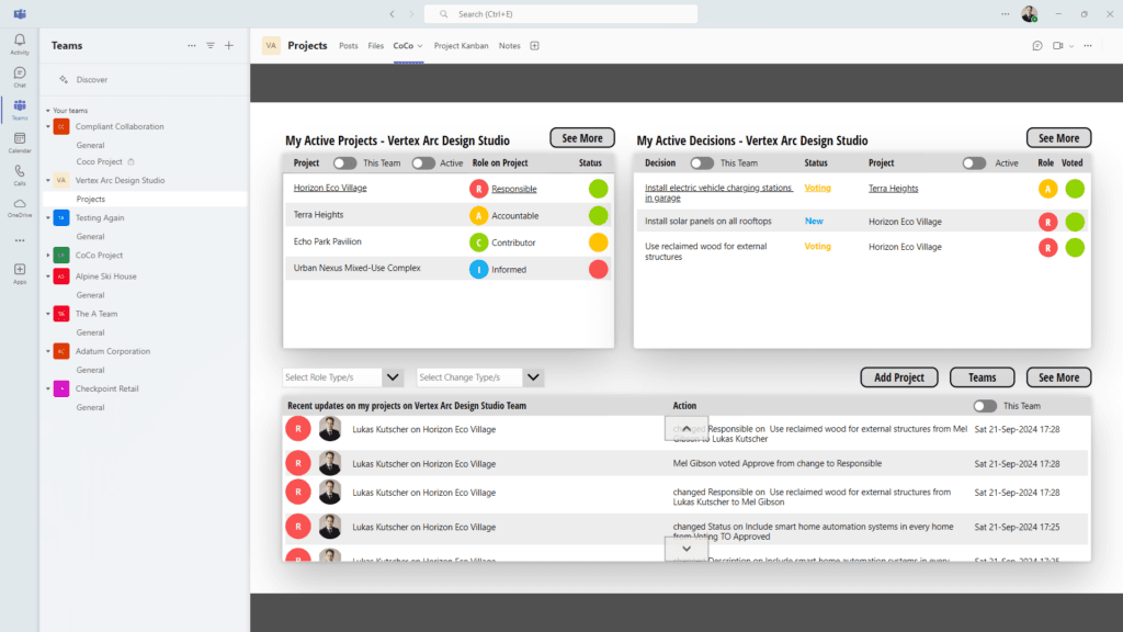 Screenshot of CoCo Application, showing an example home screen indicating several projcets and open decisions