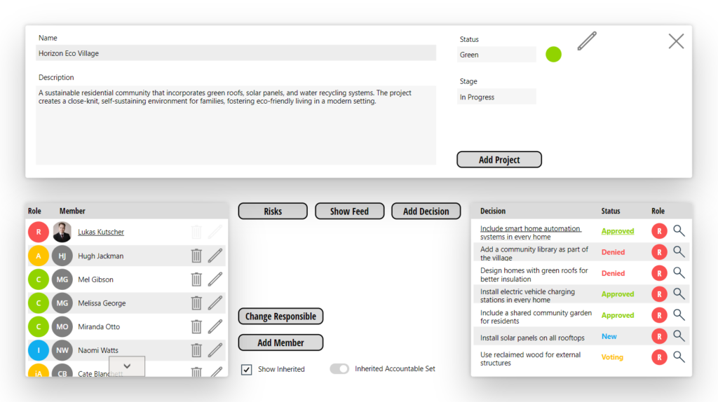 screenshot of a Project view. shown is an example project with team members and decisions