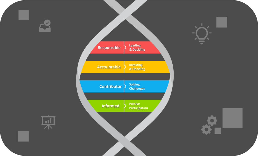 Card like image with DNA displayed. DNA includes text, showing all 4 mentioned roles: Responsible, Accountable, Contributor and Informed